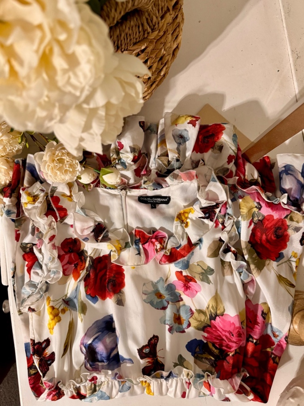 Dolce & Gabbana White Floral Ruffle Dress with Red & Blue Accents - Picture 6 of 7